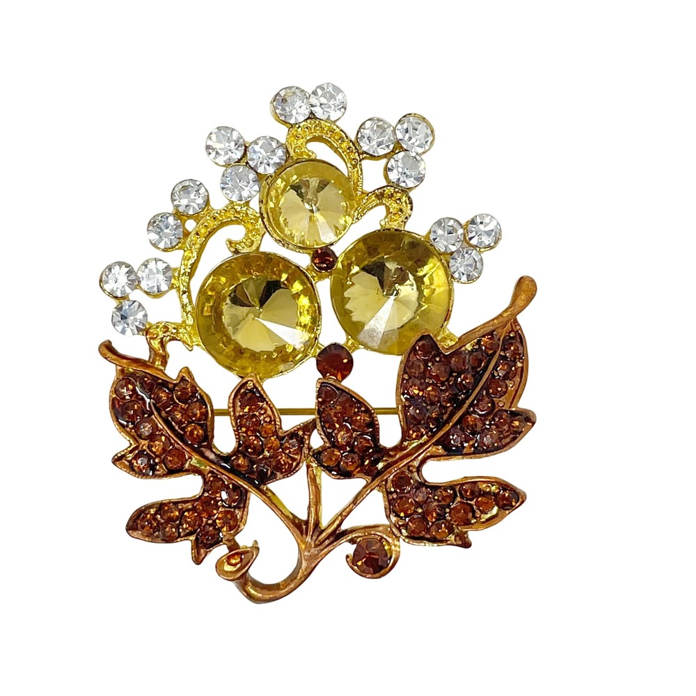 Vintage Amber Gold Tone Rivoli Stone Rhinestone Brooch Autumn Leaves Unsigned